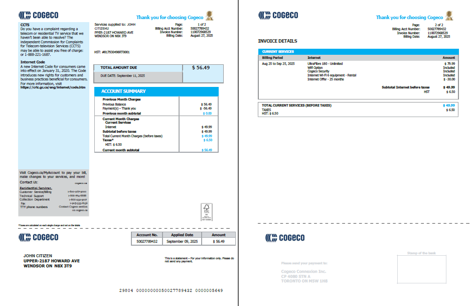 Canada Cogeco utility bill template in Word and PDF formats, 2 pages Canada Cogeco utility bill template in Word and PDF formats, 2 pages