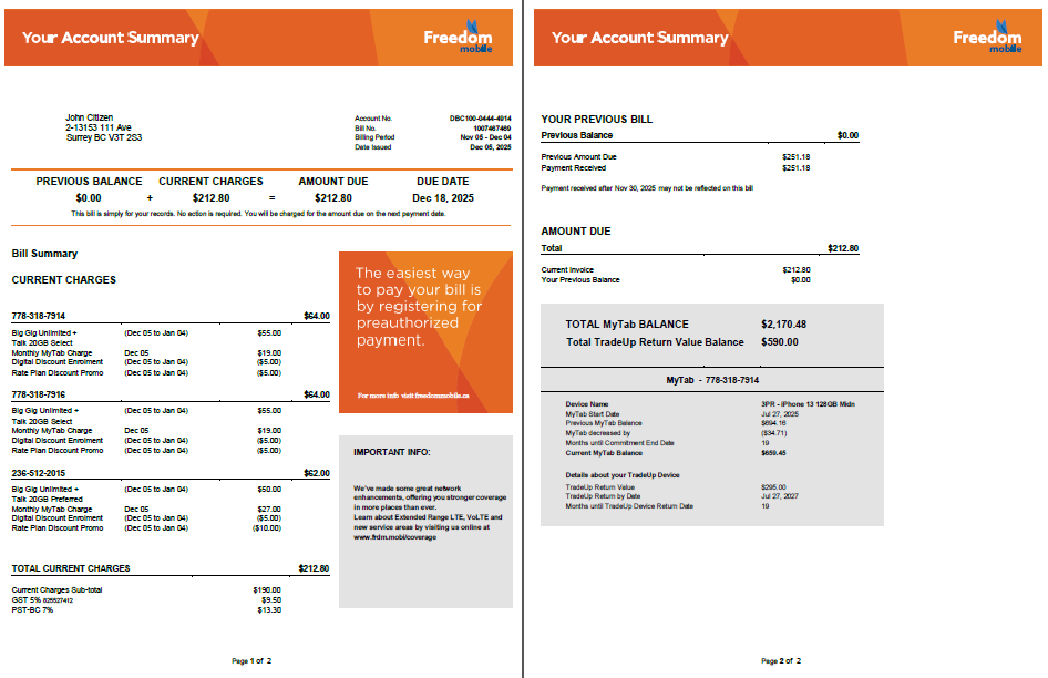 Canada Freedom Mobile utility bill template in Word and PDF formats, 2 pages Canada Freedom Mobile utility bill template in Word and PDF formats, 2 pages