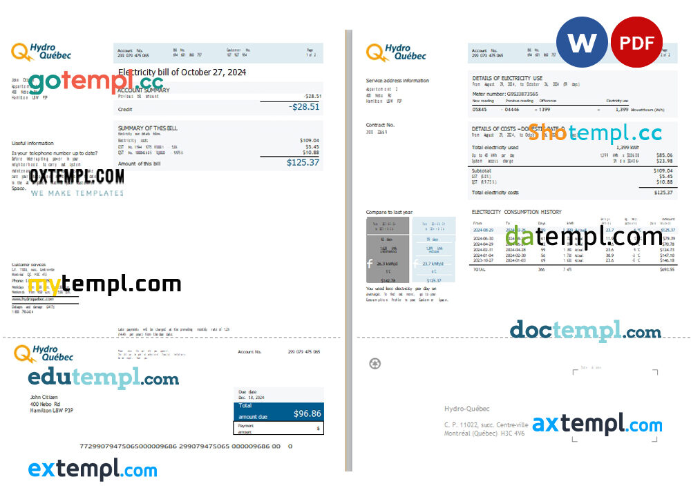 Canadian Hydro-Québec utility bill download example in .doc and .pdf format, 2 pages