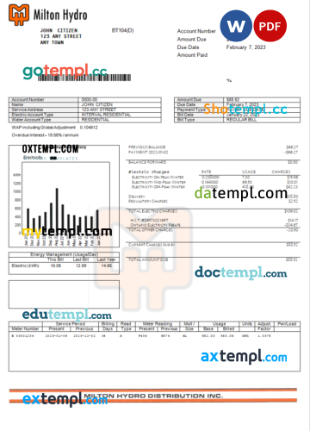 Canadian Milton Hydro electricity bill Word and PDF example