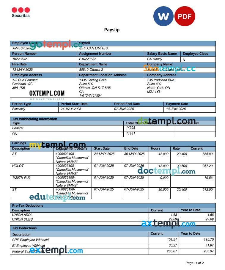 Canada Online Payslip template in Word and PDF formats