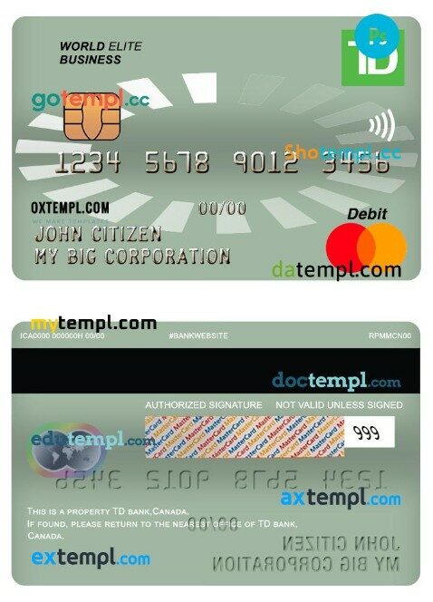 Canada TD world elite business mastercard template in PSD format