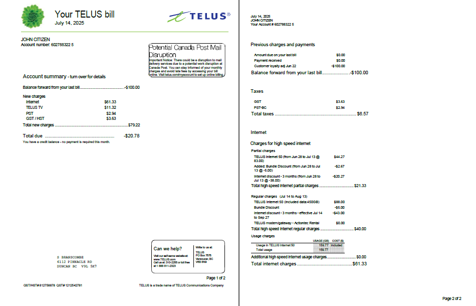 Canada Telus utility bill template in Word and PDF formats, 2 pages Canada Telus utility bill template in Word and PDF formats, 2 pages