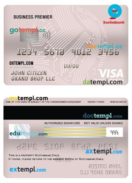 Chile Scotiabank business premier visa signature card template in PSD format