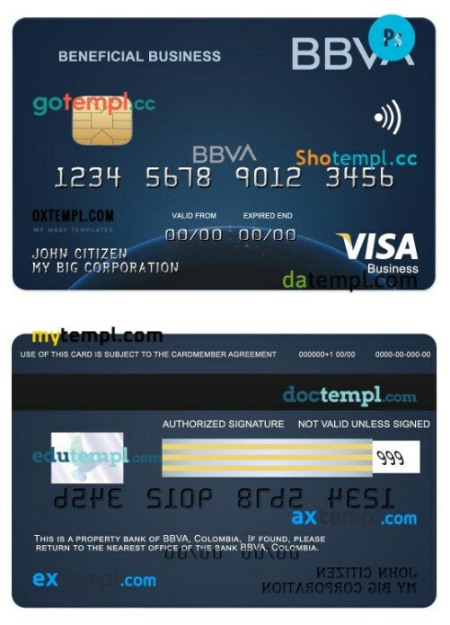 Colombia BBVA bank Beneficial business visa card template in PSD format