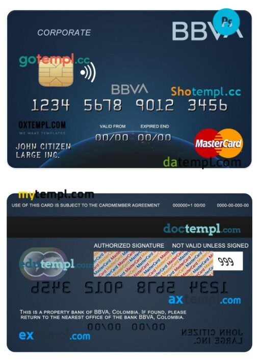 Colombia BBVA bank corporate mastercard template in PSD format