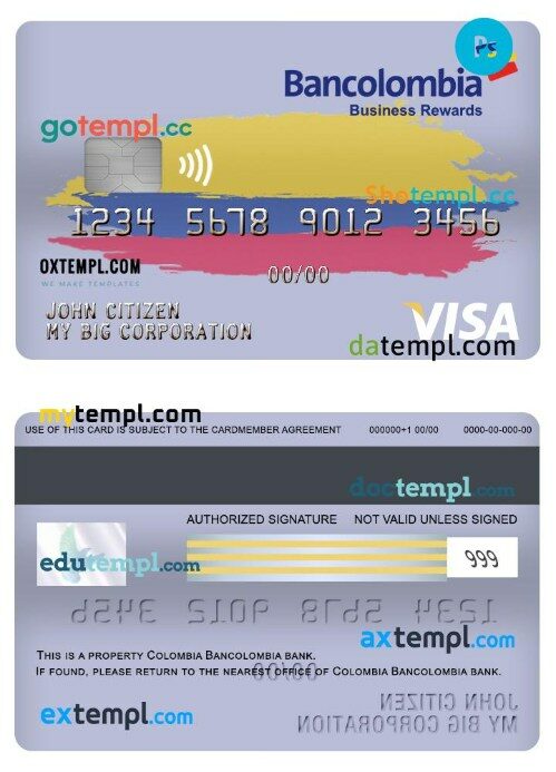 Colombia Bancolombia bank Business Rewards visa card template in PSD format