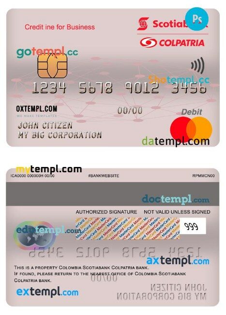 Colombia Scotiabank colpatria bank business credit mastercard template in PSD format