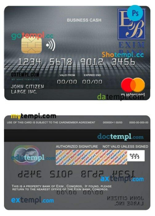 Comoros Exim bank business cash mastercard template in PSD format