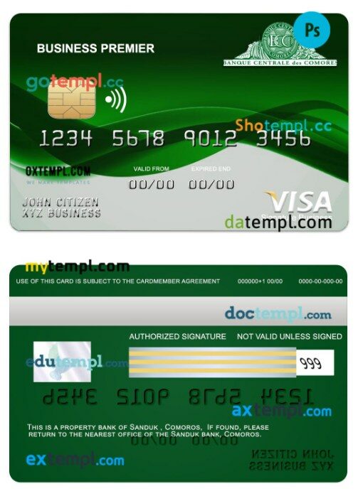 Comoros Sanduk bank business premier visa signature card template in PSD format