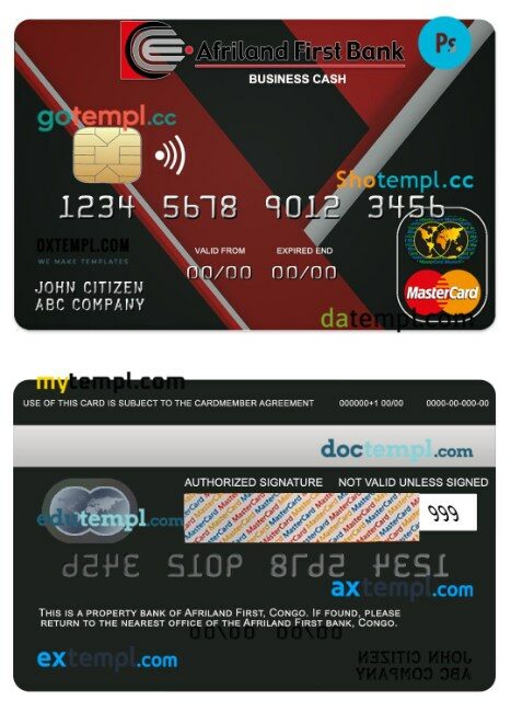 Congo Afriland First bank business cash mastercard template in PSD format
