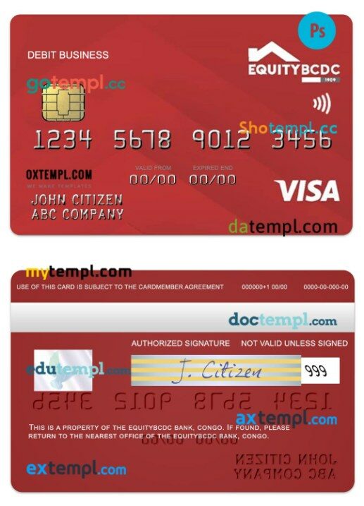 Congo EquityBCDC bank visa business debit card template in PSD format