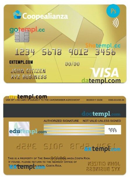 Costa Rica Coopealianza visa gold business card template in PSD format