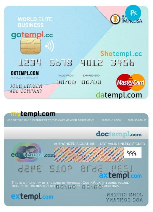 Costa Rica Improsa bank world elite business mastercard template in PSD format