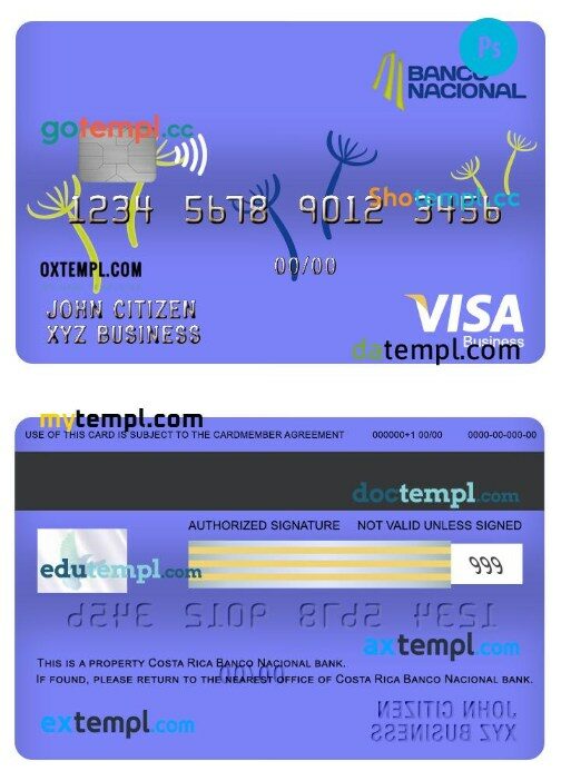 Costa Rica banco nacional bank visa business card template in PSD format