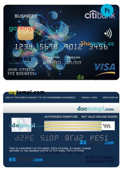 Côte d’Ivoire Citi bank visa business card template in PSD format