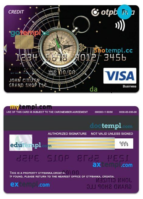 Croatia OTP banka Business Visa credit card template in PSD format