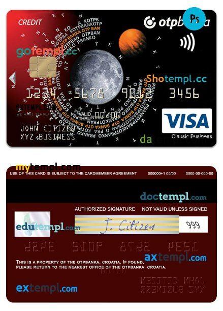 Croatia OTP banka visa business classic card template in PSD format