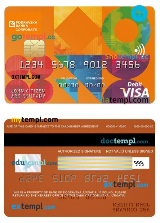 Croatia Podravska bank visa corporate card template in PSD format