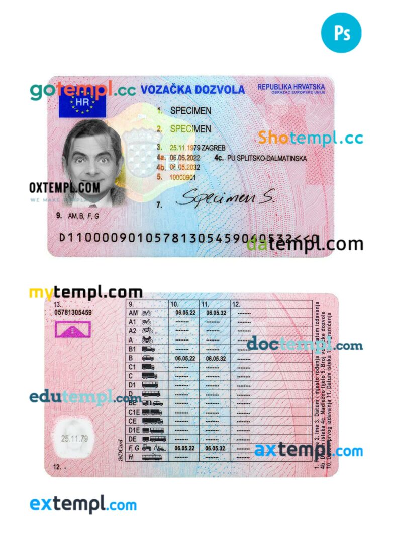 Croatia driving license PSD editable template, 2022-present