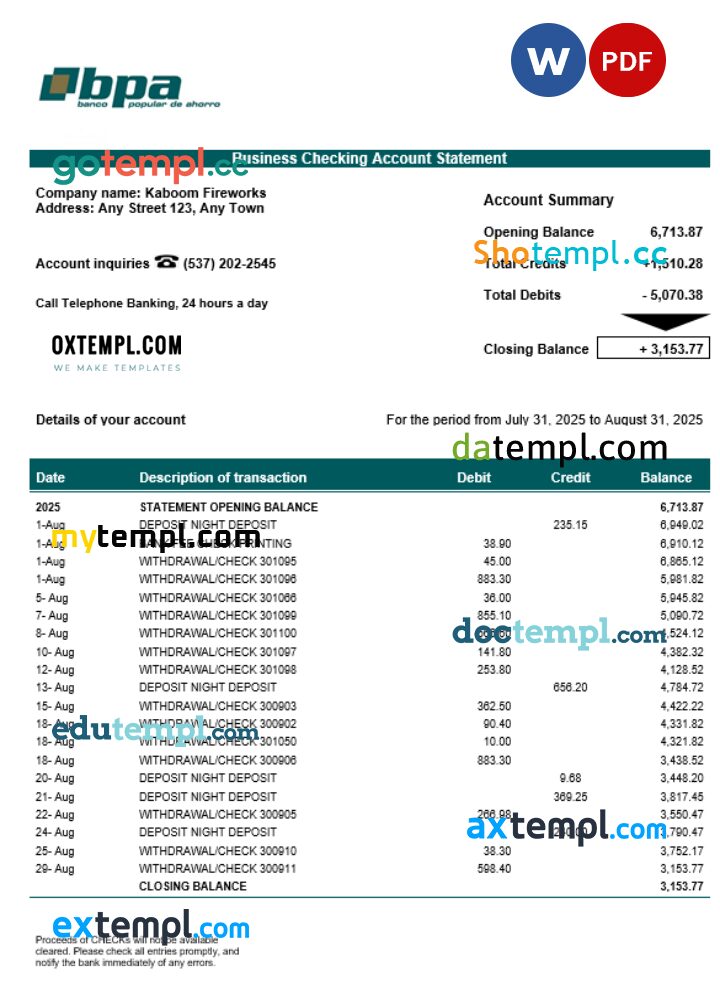 Cuba Banco Popular de Ahorro (BPA) company statement Word and PDF format