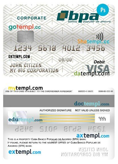 Cuba Banco popular de ahorro (bpa) bank corporate visa debit card template in PSD format