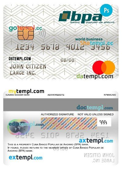 Cuba Banco popular de ahorro (bpa) bank world business mastercard template in PSD format