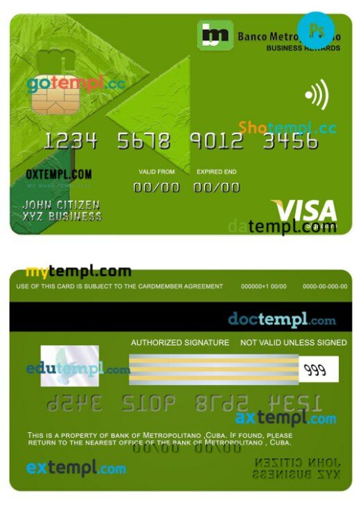 Cuba Metropolitano bank business rewards visa signature card template in PSD format