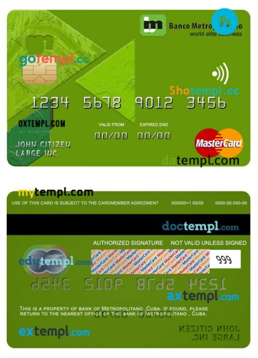 Cuba Metropolitano bank world elite business mastercard template in PSD format