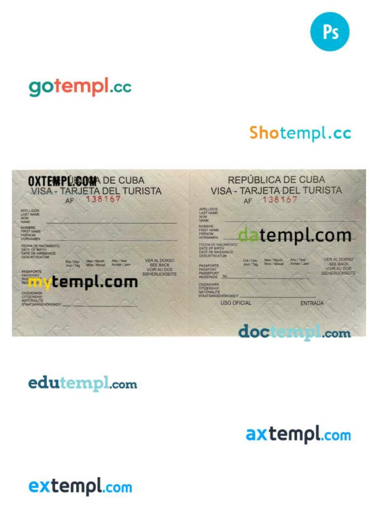 Cuba arrival card template in PSD format