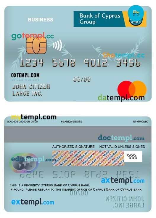 Cyprus Bank of Cyprus bank business mastercard template in PSD format