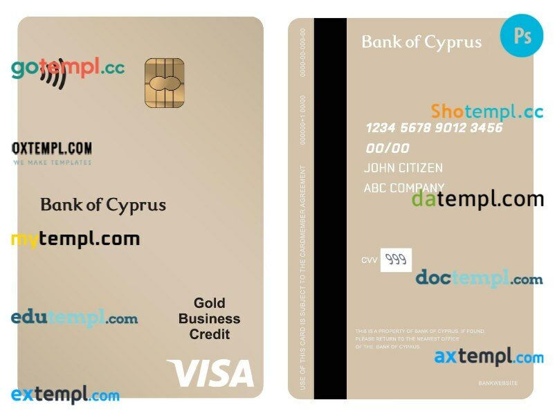 Cyprus Bank of Cyprus visa gold business credit vertical card template in PSD format