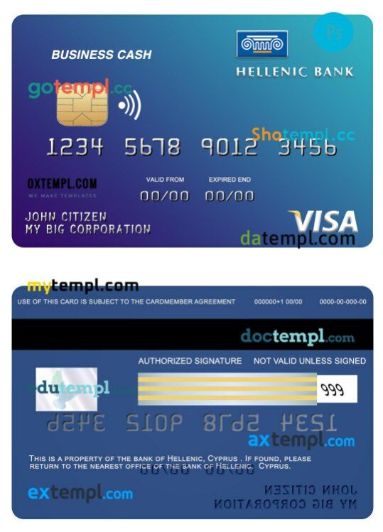 Cyprus Hellenic bank business cash visa card template in PSD format