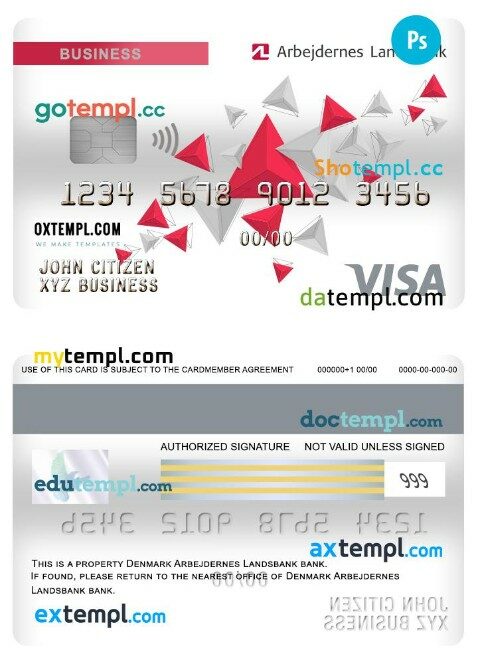 Denmark Arbejdernes landsbank bank visa business card template in PSD format