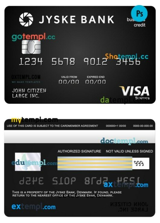 Denmark Jyske Bank visa business credit card template in PSD format