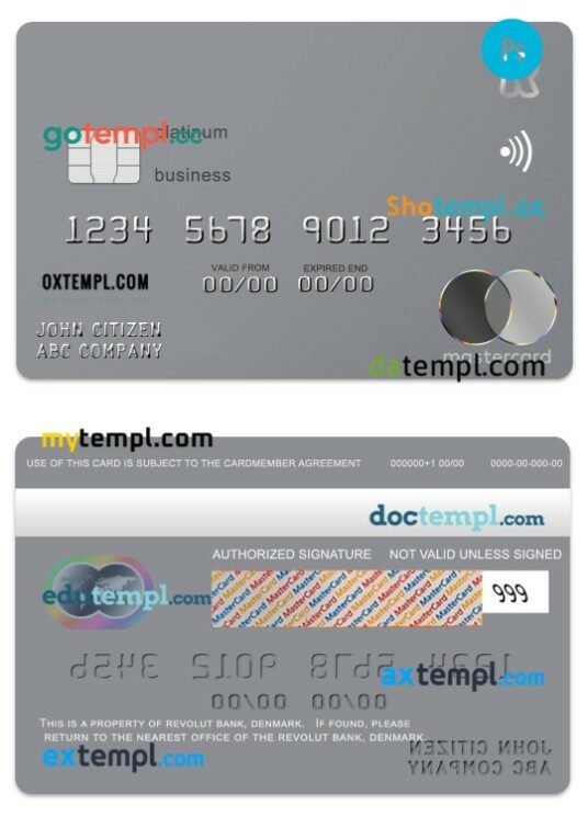 Denmark Revolut bank premium business platinum mastercard template in PSD format