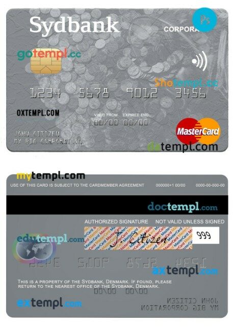 Denmark Sydbank corporate mastercard template in PSD format