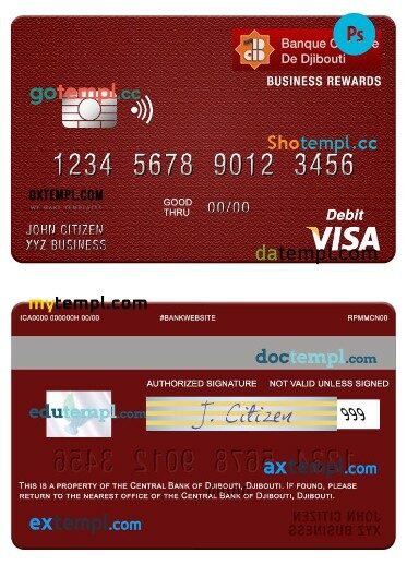 Djibouti Central Bank of Djibouti business rewards visa debit card template in PSD format