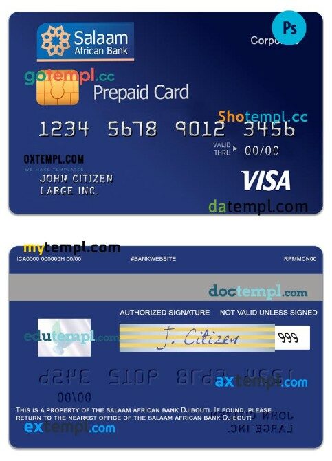 Djibouti The Salaam African bank visa Corporate prepaid card template in PSD format