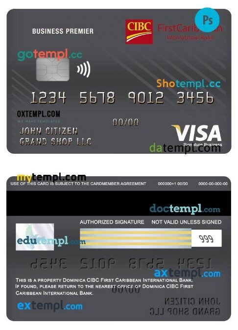 Dominica Cibc first caribbean international bank business premier visa signature card template in PSD format