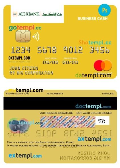 Egypt Bank of Alexandria business cash mastercard template in PSD format