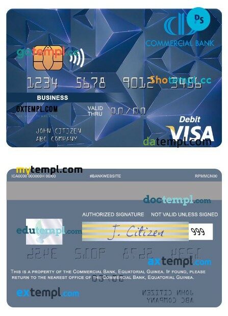 Equatorial Guinea Commerical bank Guinee Equatoriale business visa debit card template in PSD format