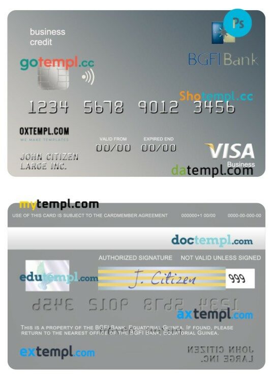 Equatorial Guinea BGFI Bank business credit visa card template in PSD format
