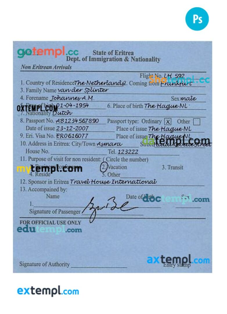 Eritrea arrival card template in PSD format