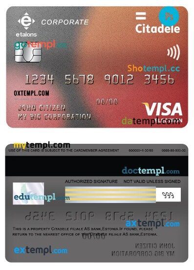 Estonia Citadele filiale AS bank corporate visa electron card template in PSD format