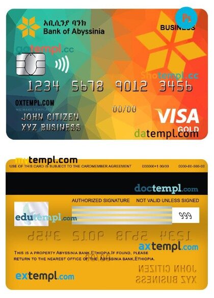 Ethiopia Bank of Abyssinia bank business visa gold card template in PSD format