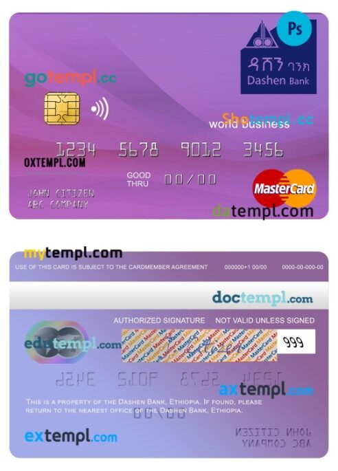 Ethiopia Dashen Bank world business mastercard template in PSD format