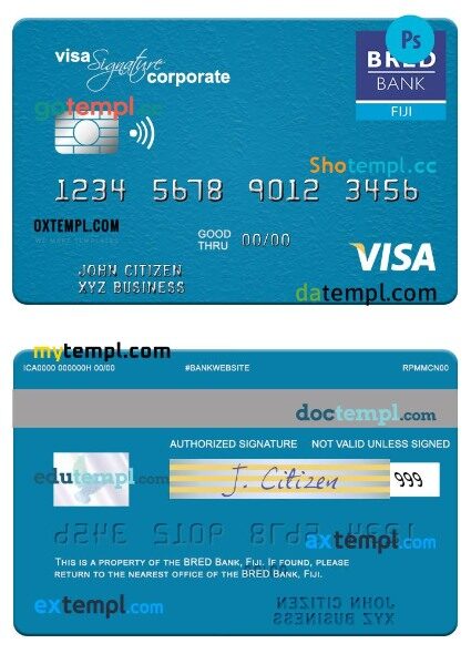 Fiji Bred Bank corporate visa signature card template in PSD format
