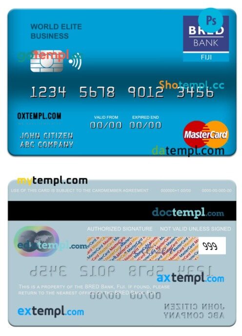 Fiji Bred Bank world elite business mastercard template in PSD format
