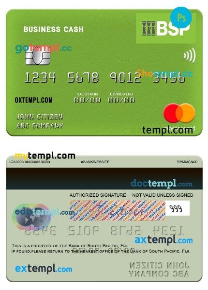 Fiji Bank of South Pacific business cash mastercard template in PSD format